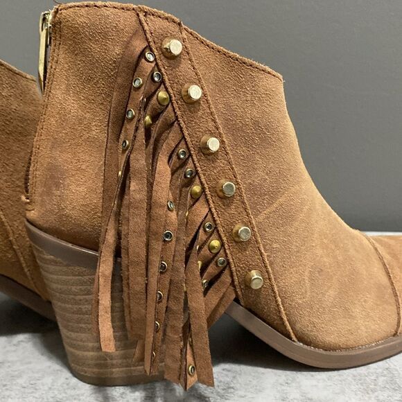 Fergie Bennie Tan/Brown Suede Leather Fringe Beaded Ankle Boots/Booties Size 6.5 - Picture 10 of 16